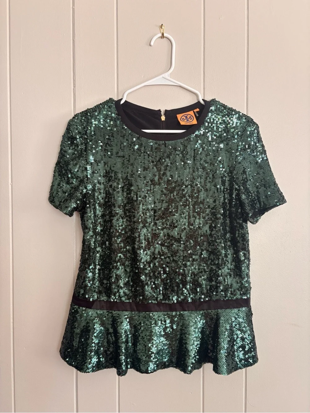 Tory Burch Emerald Green Sequin Short Sleeve Peplum Top